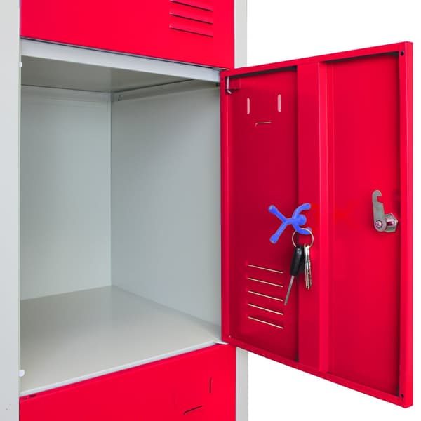 Förvaringsskåp i Metall 4 x Röda Låsbara Ventilerade Dörrar Plattpackad Omklädningsrum Personalrum Kontor Gym Skola Förvaring + GRATIS Magneter