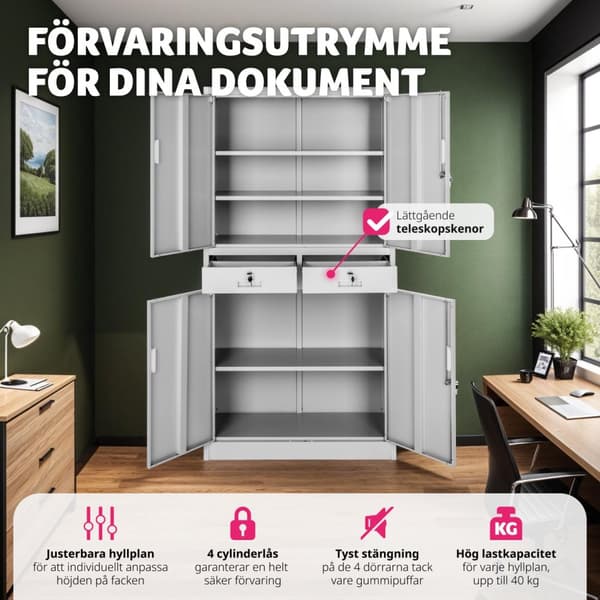 Arkivskåp Cosmo med 2 dörrar 40x80x180 cm, låsbar - ljusgrå