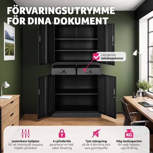 Arkivskåp Cosmo med 2 dörrar 40x80x180 cm, låsbar - svart/svart