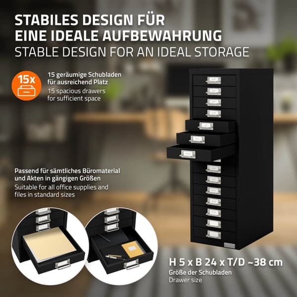 Arkivskab med 15 skuffer 28x38x87 cm sort metal ML-design