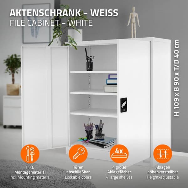 Låsbart arkivskab 90x40x109 cm hvid stål ML-design