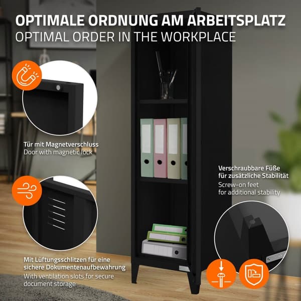 Arkivskab skab 1-dørs 38x38x137,5 cm sort stål ML design