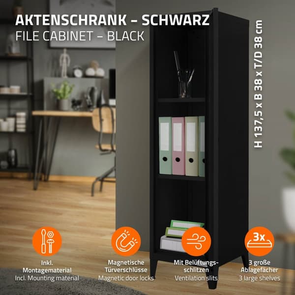 Arkivskab skab 1-dørs 38x38x137,5 cm sort stål ML design