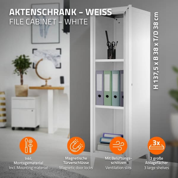 Arkivskab skab 1-dørs 38x38x137,5 cm hvid stål ML design