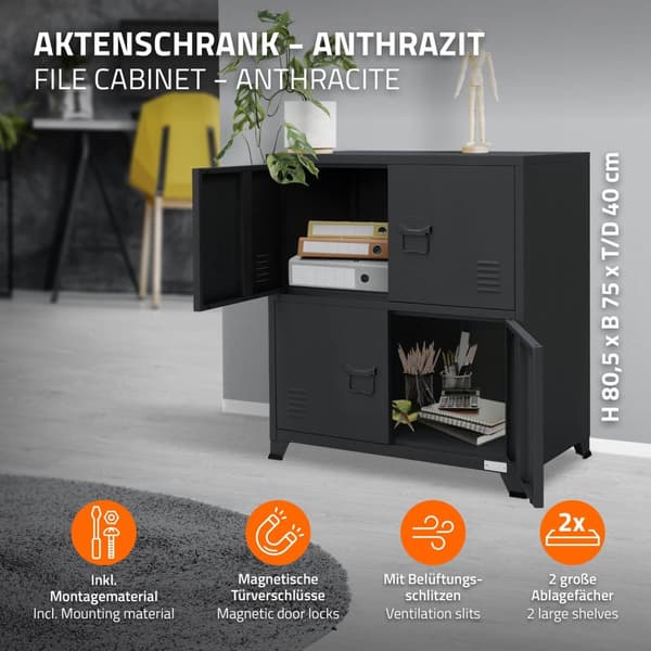 Kontorsskåp med två nivåer magnetstängning 75x40x80,5 cm antracit stål ML design
