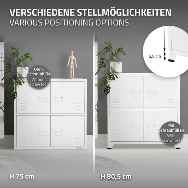 4 kpl:n toimistokaappisarja Teräksinen kaappi hyllyillä Valkoinen 75x40x80,5 cm