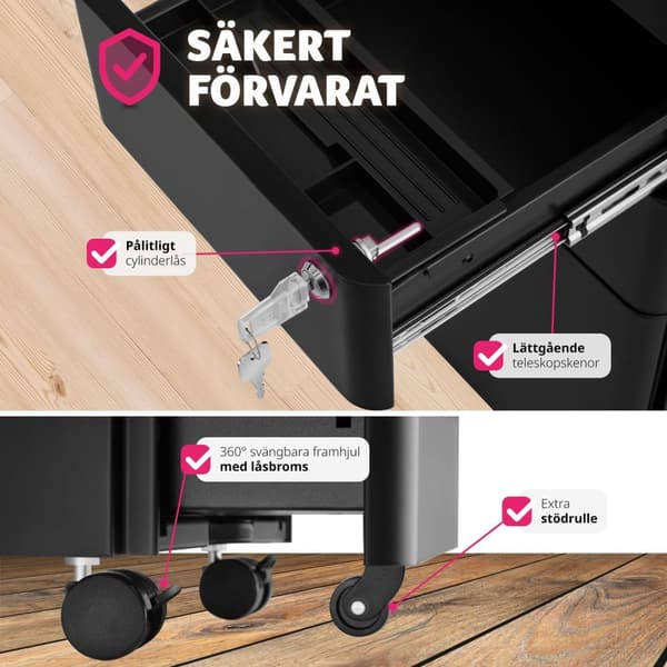 Rullande arkivskåp Parvus, 2 lådor, 1 hängmappsskåp - svart