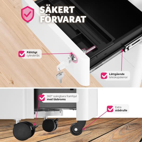 Rullande arkivskåp Parvus, 2 lådor, 1 hängmappsskåp - vit