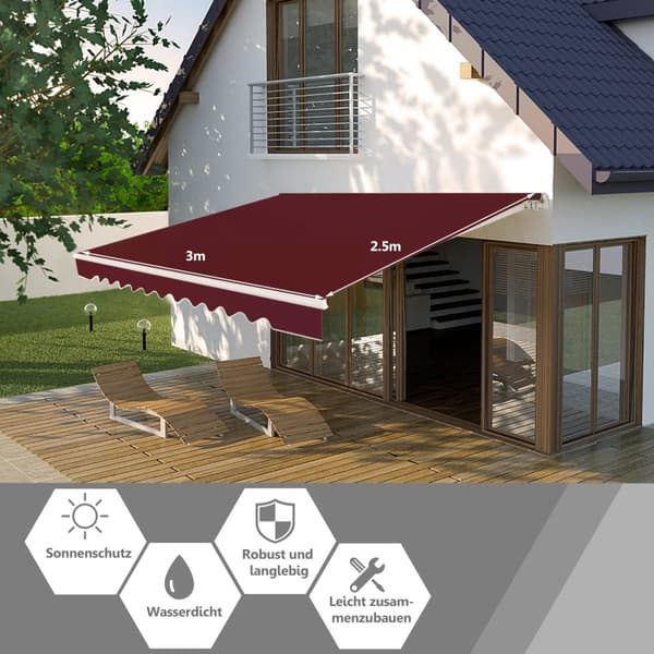 Markise, Udtrækkelig Markise i Aluminium til Terrasse, Solbeskyttelse, 3x2.5 m, Bordeaux