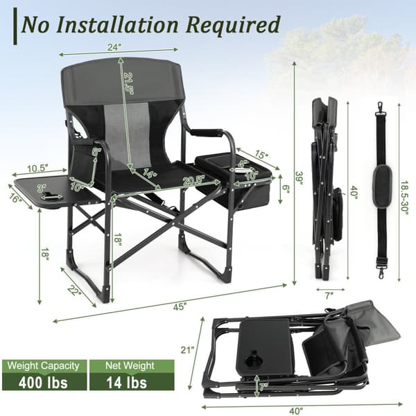 Sammenklappelig camping-direktørstol, 45x22x39 tommer, sort