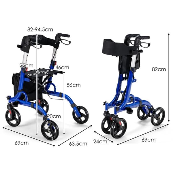 Rollaattori, 2-in-1 rollaattori istuimella, 79,5x61,5x83 cm - 96 cm, Punainen/Sininen