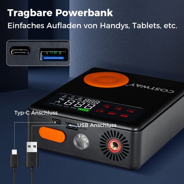 Bilbatteriets startkabel, 2000A 12V, 13x5x15.5 cm, Svart & Orange
