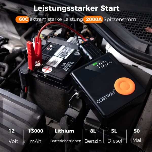 Bilbatteriets startkabel, 2000A 12V, 13x5x15.5 cm, Svart & Orange