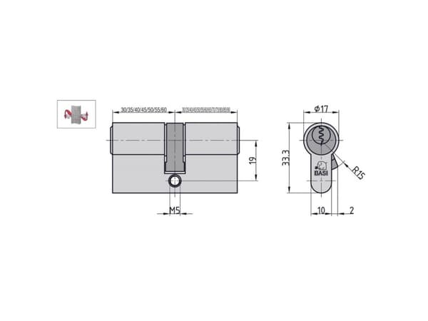 BASI 5201-0530-0034, Europrofilcylinder, Kromfärgad, 3 styck, 334 g, 1,5 cm