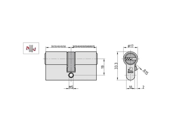 BASI VB5200-0025, Europrofilcylinder, Kromfärgad, 3 styck, 388 g, 1,5 cm