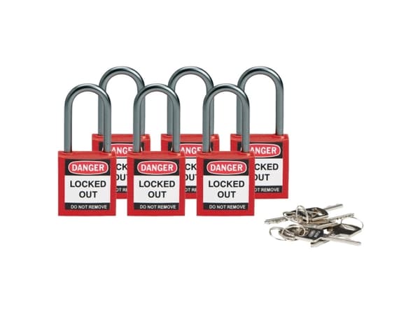 Brady 814126, Konventionellt hänglås, Tangentlås, Olika låsning, Röd, Gjuten aluminium, U-format
