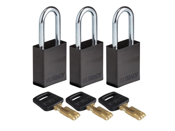 Brady , Safekey alumiininen riippulukko teräksisellä kahvalla, musta, 38mm kahvan korkeus, 6.4mm kahvan halkaisija (avainkoodi sama) ( 3 kpl) (150349