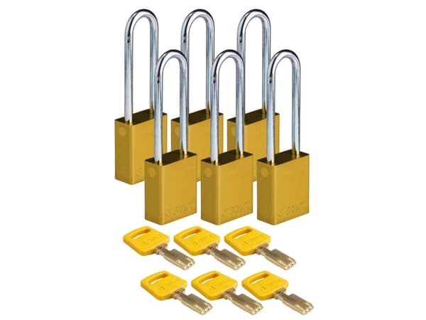 Brady , Safekey alumiininen riippulukko teräksisellä kahvalla, keltainen, 76mm kahvan korkeus, 6.4mm kahvan halkaisija (eri avaimella) ( 6 kpl) (1503