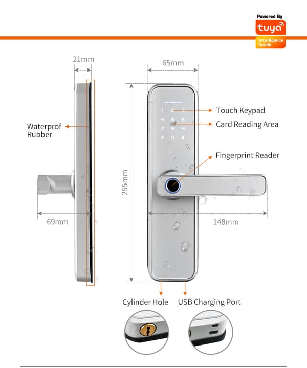 Smart biometrisk dörrlås, WiFi-appåtkomst, hållbar aluminiumlegering,Silver 6085