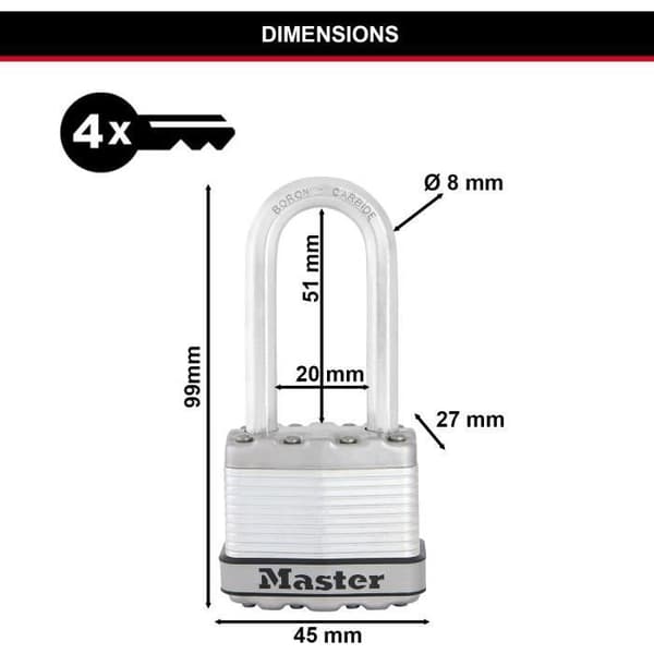 Högsäkerhetshänglås - MASTER LOCK - M1EURTRILH - Nyckel - Laminerat stål - Utvändigt - L-schackel - 3-pack - Perfekt för skjul