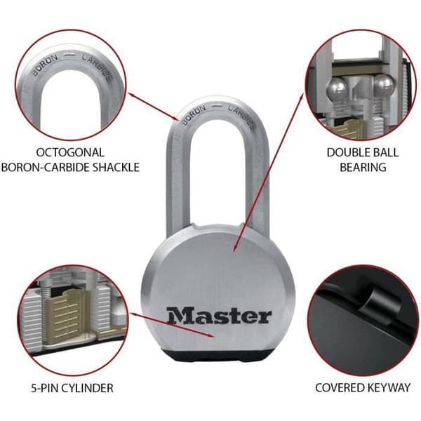 Högsäkerhetshänglås i rostfritt stål med nyckel och lång bygel för utomhusbruk - MASTER LOCK M830EURDLH