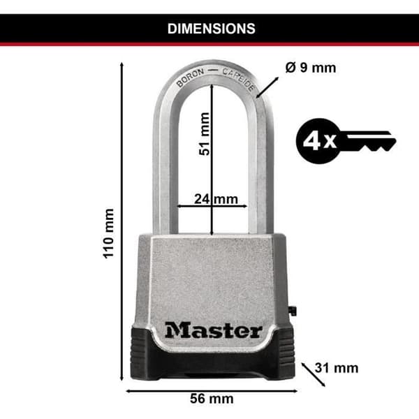 Højsikkerhedshængelås - MASTER LOCK - M176EURDLH - Zink - XL-bøjle - Udvendig