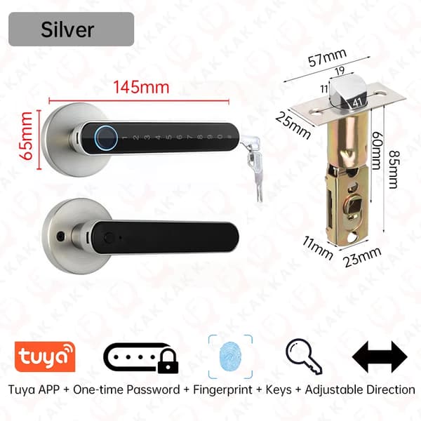 KAK Biometriskt Fingeravtryck Smart Dörrlås, Konstruktion i Zinklegering, 50 Fingeravtrycks Kapacitet,Silver, 50 mm