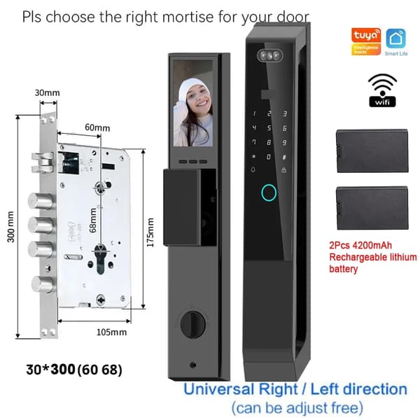 Smart Lock, 3D Ansigtsgenkendelse, Wi-Fi Fjernlåse,30 300 Stik
