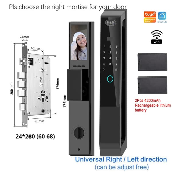 Smart Lock, 3D Ansigtsgenkendelse, Wi-Fi Fjernlåse,24 260 Mortise