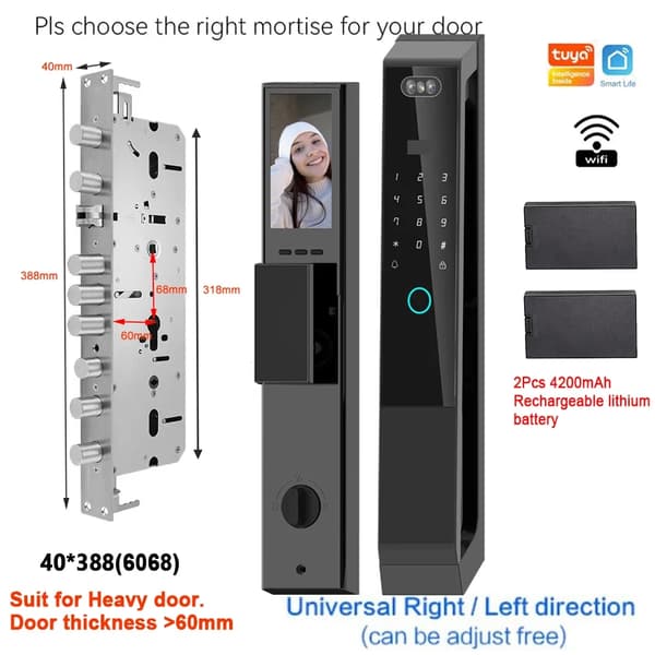 Smart Lock, 3D Ansigtsgenkendelse, Wi-Fi Fjernlåse,40 388 Mortise