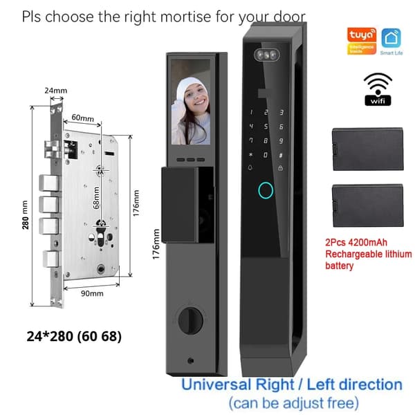 Smart Lock, 3D Ansigtsgenkendelse, Wi-Fi Fjernlåse,24 280 Mortise