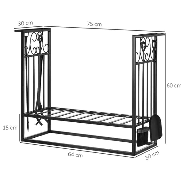 Rootz Firewood Stand With Fireplace Cutlery - Firewood Rack - Fireplace Tool - Steel - Black - 75 x 30 x 60 cm