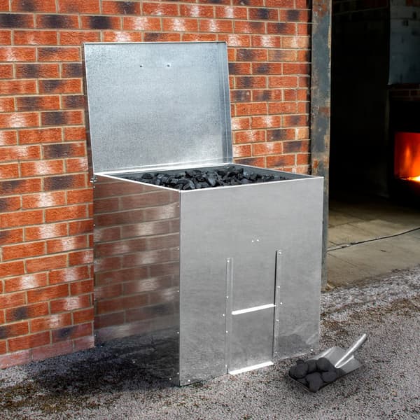 Förvaringsboxar för Kol i Galvaniserat Stål Tunna Förvaring Upphöjd Botten Metall Rost- & Gnagarsäker Trä Eld Skjutdörr GRATIS Kolskyffel