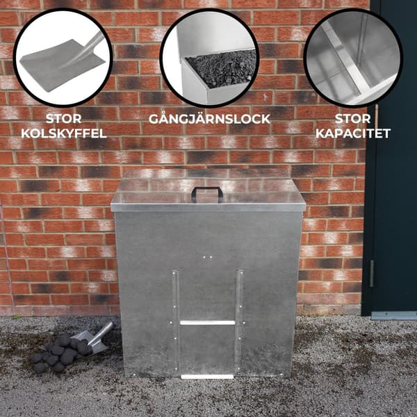 Förvaringsboxar för Kol i Galvaniserat Stål Tunna Förvaring Upphöjd Botten Metall Rost- & Gnagarsäker Trä Eld Skjutdörr GRATIS Kolskyffel