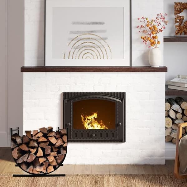 XMTECH Halvcirkelstockhållare Belastning 30 kg, metallkorg för eldstad ved, 44,5 x 37,5 x 40 cm, svart
