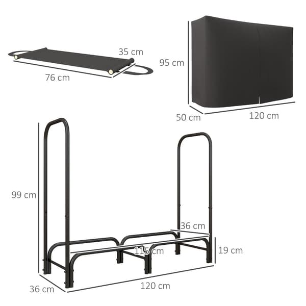Rootz Brændestativ - Brændeholder - Træopbevaring - 0,33 m³ Kapacitet - 150 kg Belastningskapacitet - Oxford Polyester Cover - 120 cm x 36 cm x 99 cm