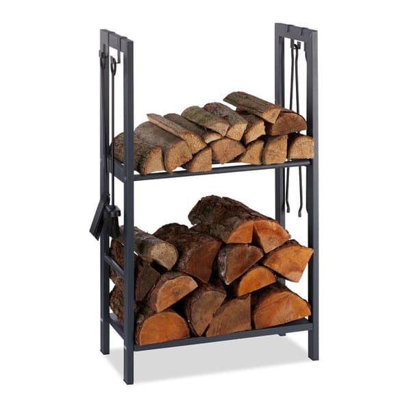 Relaxdays Eldställ Kamin 100x60x30 cm bränsleställ 2 nivåer trä vedställ för ved 4 krokar, antracit