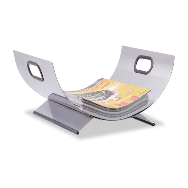 Relaxdays Eldstadshållare tidningsställ i rostfritt stål modernt trästöd i metall HxBxD: 19 x 37 x 33 cm, silver