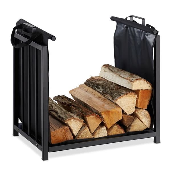 Relaxdays Fireplace Wood Rack Timmerväska, Inomhus, Modern Design, Hylla, Stål, HlD 50x51x37cm, Svart