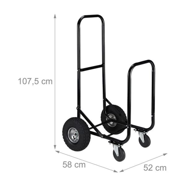 Relaxdays Trolley för trästockar, stål, 107,5 x 52 x 58 cm, på 2 hjul och 2 länkhjul, kapacitet 60 kg, svart