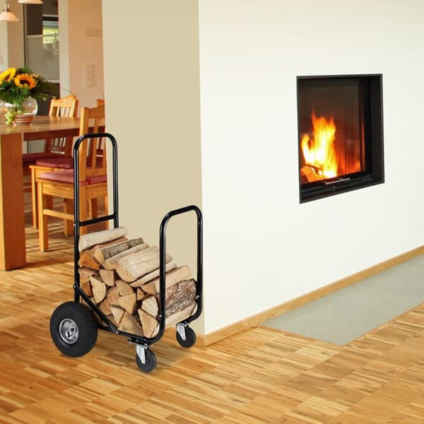 Relaxdays Trolley för trästockar, stål, 107,5 x 52 x 58 cm, på 2 hjul och 2 länkhjul, kapacitet 60 kg, svart