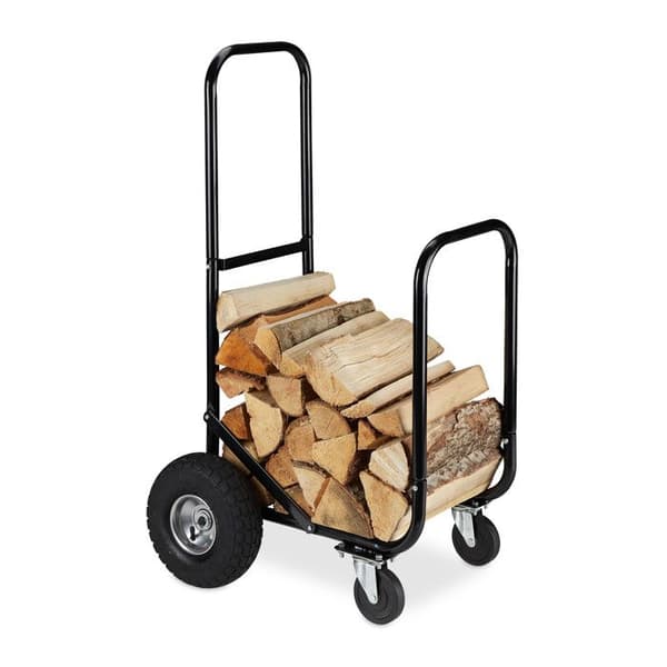 Relaxdays Trolley för trästockar, stål, 107,5 x 52 x 58 cm, på 2 hjul och 2 länkhjul, kapacitet 60 kg, svart