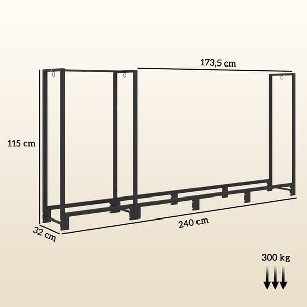 Brændeholder, 240x32x115 cm, Sort