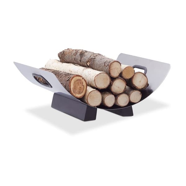 Relaxdays Eldstad stockhållare tidningsställ rostfritt stål modern metall trä HxBxD: 16 x 41 x 33 cm, silver