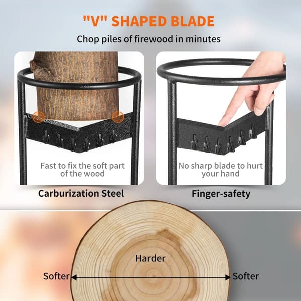 bärbar vedklyver i XL storlek med 5,5cm bred V-formad säkert blad, för maxlängd 40,6cm/max Ø 21,8cm stock, robust och hållbar