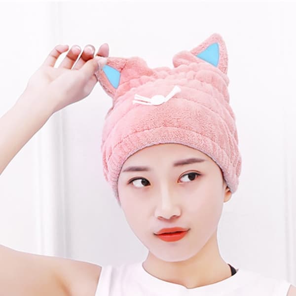 Coral Fleece Soft Absorbent Cat Ear Dry Hair Cap Thickened Adult Shower Cap(Pink)