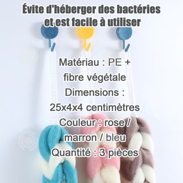 INN Bath Sponge 3 delar Långa svampflätor Nätsvamp Exfolieringssvamp Tre olika färger Exfolierande svampremsa