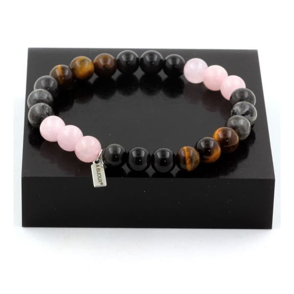 Pink Quartz + Labradorite + Black Obsidian + Tiger Eye Beads Armband - ABIJOUX - Tillverkat i Frankrike