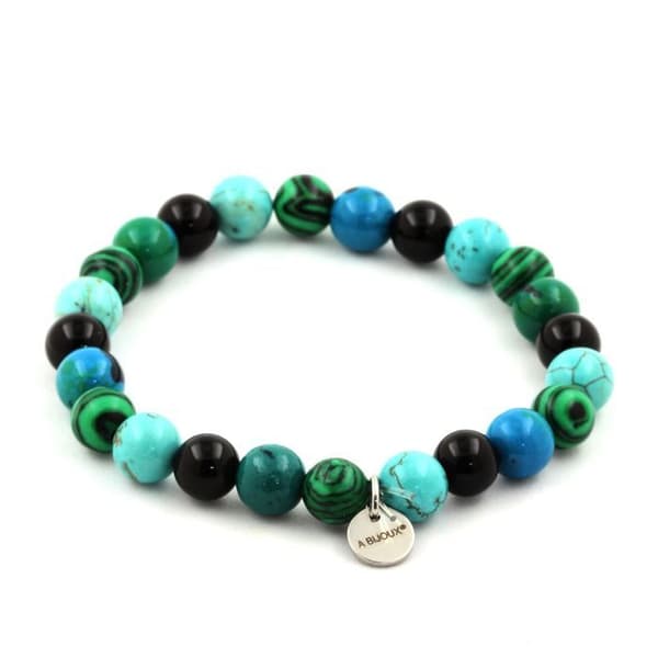 Armband av naturstenar - ABIJOUX - Krysokolla, Malakit, Turkos, Svart agat - 8mm - 19-20cm