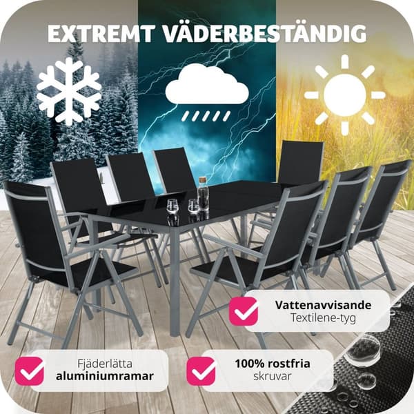 Matgrupp i aluminium med 8 stolar - antracit
